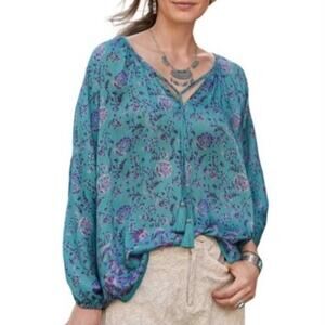 Sundance Arielle Floral Print Silk Blend Top Blouse Teal and Purple Size Medium